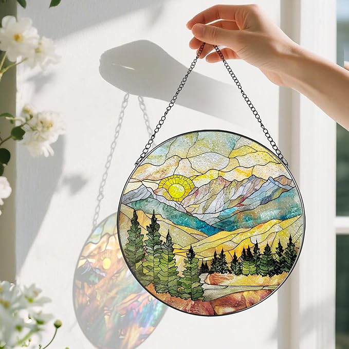 Stained Glass Window Hanging - 8 Inch Mountain Range Suncatcher for Window Doors Home Decoration, Valentine's Day Mother's Day Christmas Birthday Gifts for Women, Men, and Mom Grandma