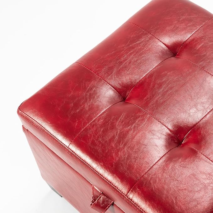 Asense 17 Inch Storage Ottoman Foot Rest,Square Faux Leather Foot Stool,Small Ottoman with Storage,Padded Seat for Entryway,Living Room,Bedroom,Couch,Under Desk,Red