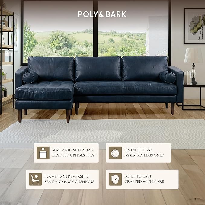 Poly & BARK Napa 104.5" Left-Facing Sectional Sofa – Midnight Blue Full-Grain Pure-Aniline Italian Leather, Feather-Down Cushions, Kiln-Dried Solid Wood Frame, Walnut Legs