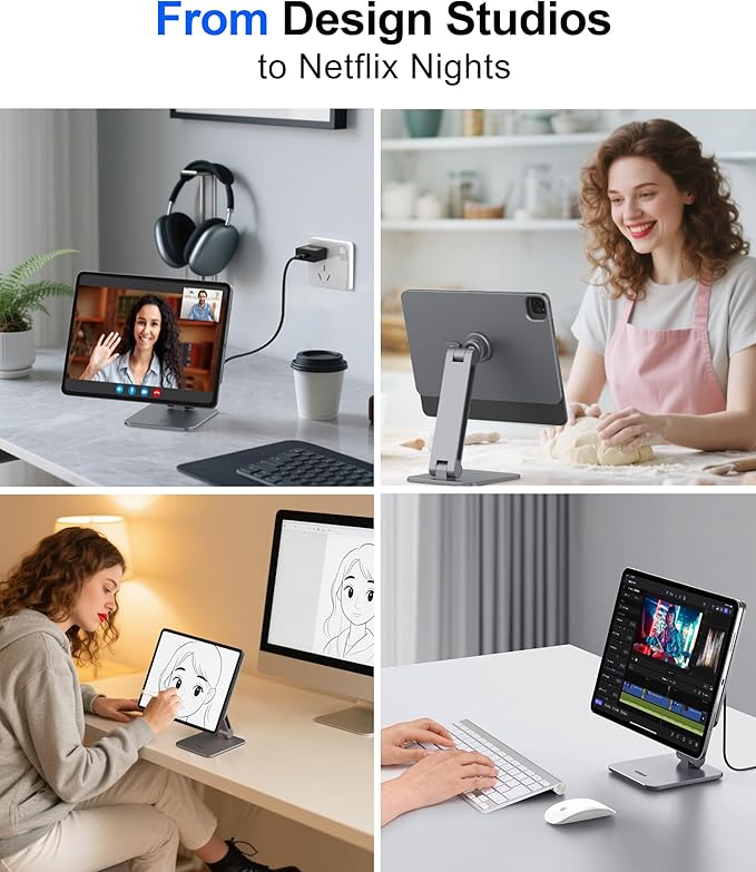 Magnetic iPad Stand with Wireless Charging, 35W Contact Fast Charger, Suction Cup Base, 360° Rotating Panel & Foldable, Compatible with iPad Pro 13" M5 & M4 ONLY, Work & Study Desk - Gray