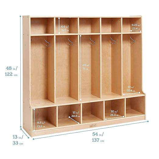 ECR4Kids 5-Section Coat Locker with Bench, Classroom Furniture, Natural