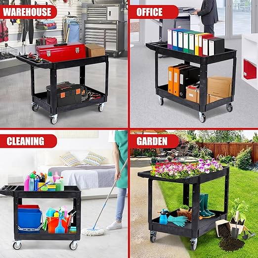 2-Shelf Heavy Duty PP Service Cart with 360° Swivel Wheels, 550LBS Load Capacity, Large Shelf, Storage Handle, Rolling Utility Cart for Warehouse, Garage, Cleaning, Medium Size