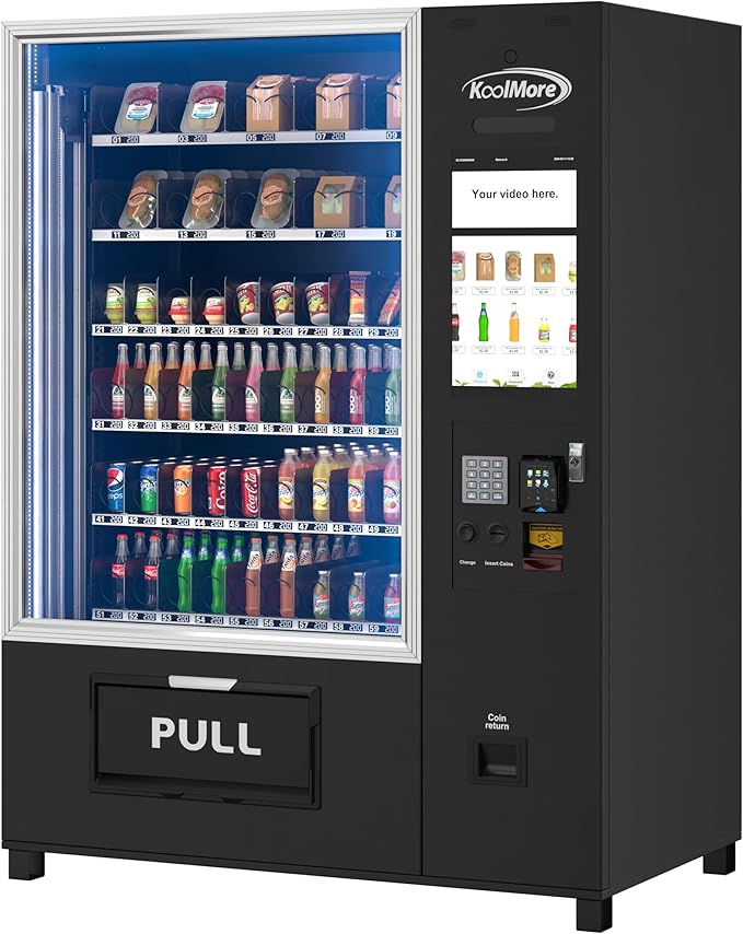 KoolMore Snack Vending Machine with 21.5 in. Touch Display, 66 Slots and Elevator-Lift Dispensing, Refrigerated, Bill Acceptor & Credit Card Reader with Connectivity in Black