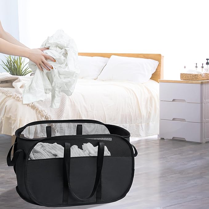 Pop-Up Laundry Basket，collapsible Mesh Laundry Hamper– With Extended Shoulder Straps, Sturdy Handles, and Premium Cationic Fabric (black)…