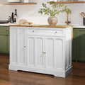 HLR Kitchen Island Cart with Storage, Carved Doors Modern Rolling Islands with Drop Leaf, Sideboard Buffet Cabinet on Wheels, Bar Table for Kitchen, Dining Room (White)