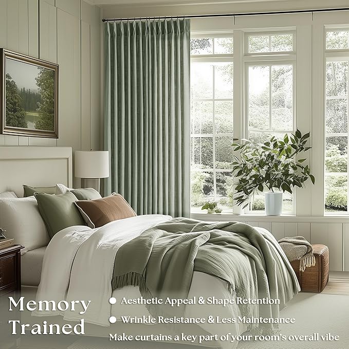 Sage Green Pinch Pleated Linen Cafe Curtains 45 Inch Length 2 Panels for Dining Room Kitchen Bedroom Semi Sheer Pleat Drapes with Hooks Rings Light Filtering Short Window Curtain Cabinet 40x45