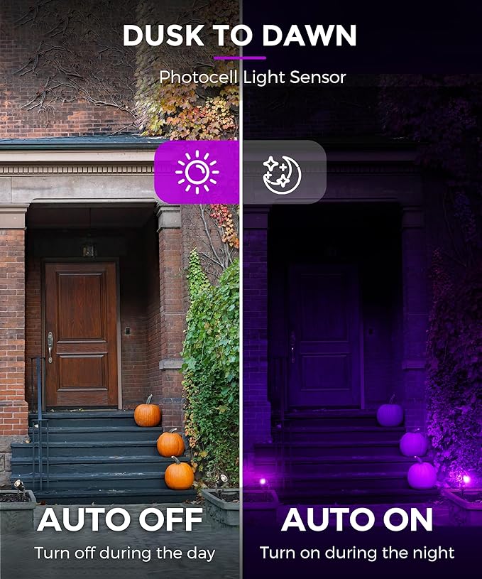 L LOHAS LED Halloween Orange and Purple Spotlights Outdoor, Auto On/Off 5W 120V Landscape Lighting for for House, Holiday, Trees, Decoration, 450LM IP66 Waterproof, UL Listed, 2 Pack