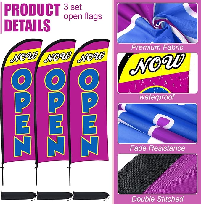 Buryeah 3 Sets Now Open Feather Flag Pole Kit for Business Advertising 7 ft Open Flag Banner Sign with Pole Kit Ground Stake and Portable Bag for Outside Ground (Lavender)