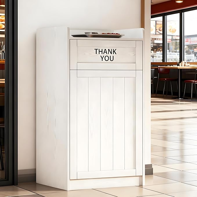 40 Gallon Trash Can Cabinet, Wooden Restaurant Trash Can with Tray Holder, Large Commercial Garbage Cabinet for Restaurant Cafeteria Office, White