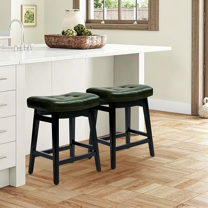 Counter Height Bar Stools Set of 6 for Kitchen Counter Farmhouse Modern Barstools with Faux Leather Upholstered Backless Seat and Solid Wood Legs 24 inch Bar Chairs, Green + Black