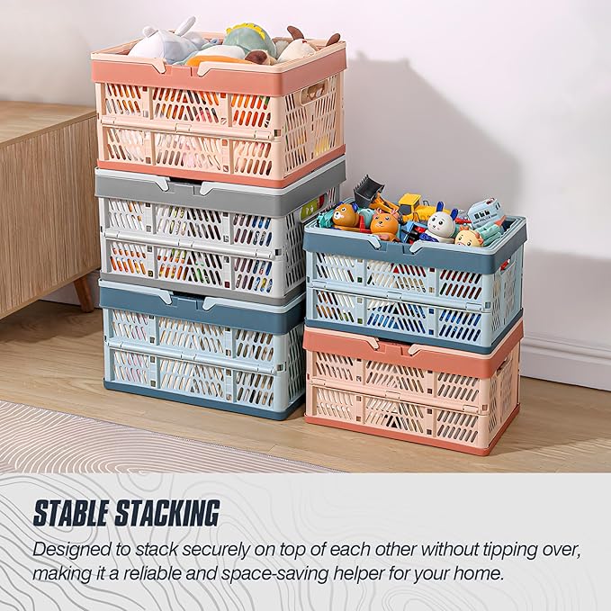 Domiella 2-Pack Foldable Storage Baskets, Collapsible PP Crates with Handles - 20L Capacity, Strong and Portable for Home Organization, Picnic and Shopping, Pink