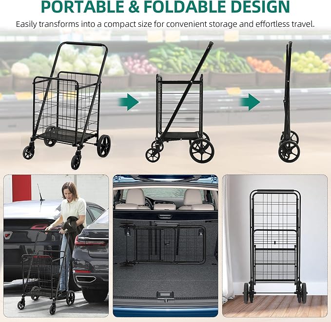 YITAHOME Utility Foldable Shopping Cart with Wheels, Large Reinforced Mesh Bottom, Portable Collapsible Rolling Cart for Laundry, Grocery, Luggage, Storage and Seniors, 220 lbs Capacity, Black