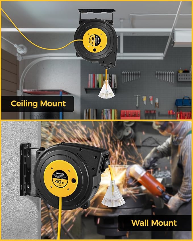 Retractable Extension Cord Reel, 40 FT Heavy Duty Power Cord, 12AWG/3C SJTOW, 3 Grounded Outlets Lighted Triple Tap, 15 Amp Circuit Breaker, UL Listed, Yellow Y40CR06