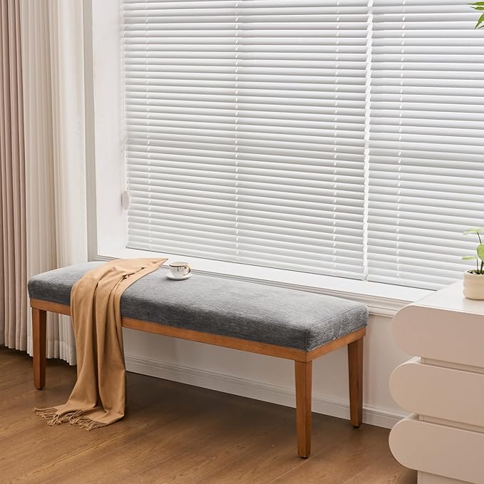 Rowill 53 Inch Long Entryway Bench for Bedroom End of Bed, Dining Room Bench with Upholstered Padded Seat and Solid Wood Leg for Kitchen, Living Room, Indoor and Hallway, Gray