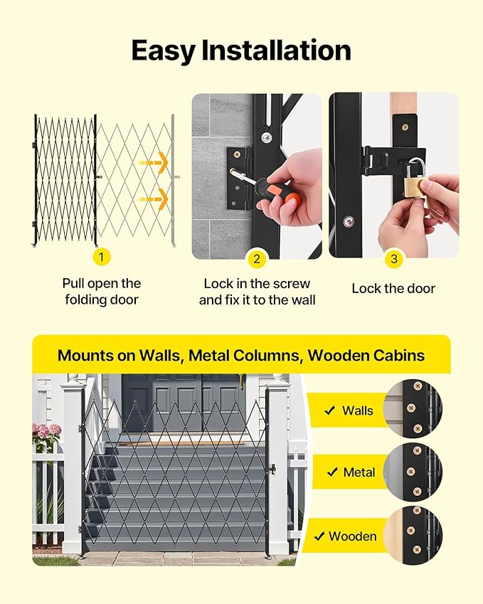 VEVOR Single Folding Security Gate, Lockable Scissor Gate with 360° Swivel Casters, Outdoor Barricade Steel Retractable Gates, for Entry Security, Garage, Warehouse & Pool, 86.61 x 86.81 in (W x H)