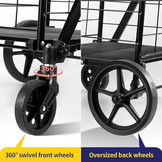 Folding Shopping Cart, Grocery Cart, 340 Lb Capacity, Utility Cart with 360° Rolling Swivel Wheels, Large & Extra Basket