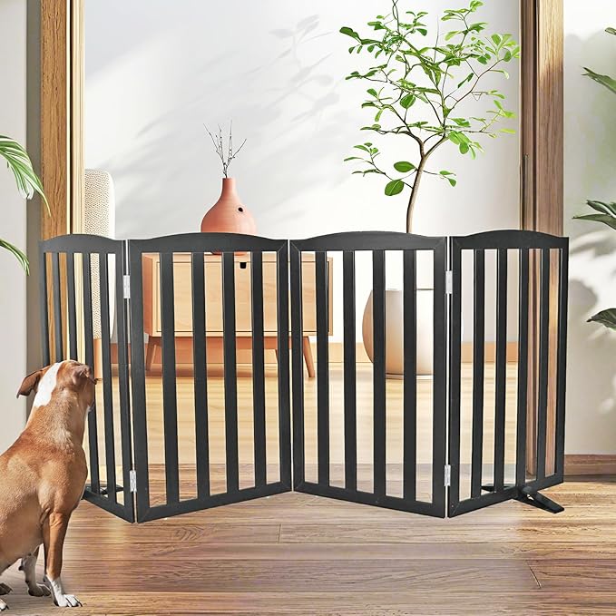 Freestanding Dog Gate Indoor,Doggie Gate Foldable Pet Gates for Doorways,Stairs or Hallways, Wooden Black Pet Gate for The House, Pet Fence with Support Feet Included,32 "Height-4 Panels