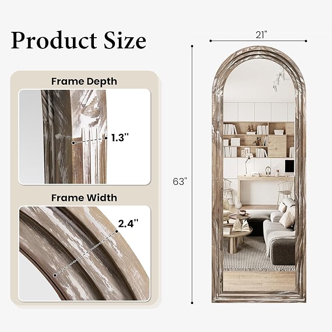 Arched Full Length Floor Mirror 63"x21", Triple-Layer Solid Wood Frame, Rustic White Farmhouse Full Body Mirror with Stand for Bedroom, Living Room, Entryway & Hallway Home Decor