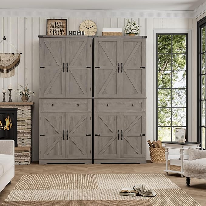 HOSTACK 71" Tall Pantry Cabinet, Farmhouse Kitchen Pantry with Storage Shelves, Barn Doors Food Storage Cabinet, Freestanding Kitchen Hutch with Large Drawer for Dining Room, Living Room, Ash Gray