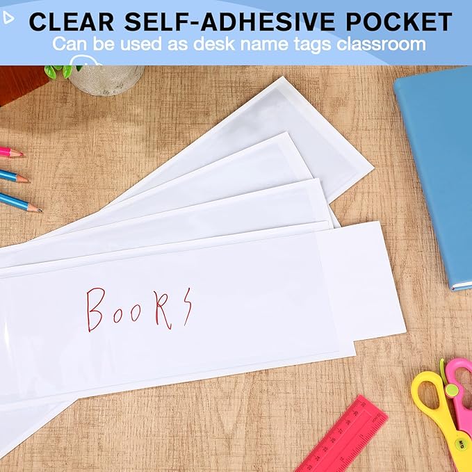 Chinco 50 Pack Clear Adhesive Pockets, Labels for Storage Bins, Plastic Self Adhesive Index Card Holder with Top Open for Organizing Bins Box Drawer(18 x 4 Inches)