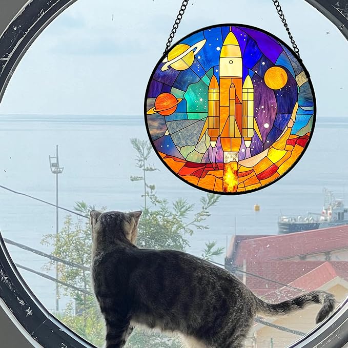 Stained Glass Window Hanging Abstract Universe Planetary Rocket Large 11.8" - Suncatcher Door Garden Sun Catcher Home Decor Birthday Children's for Men Teenage Boys Kids