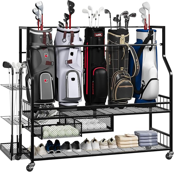 PeakPursuit Golf Bag Organizer and Storage Rack Stand Holder Fits Golf Club Bags and Multiple Golfing Equipment Accessories, Storage Rack with Drawers and Wheels for Indoor/Outdoor Garage, Clubs
