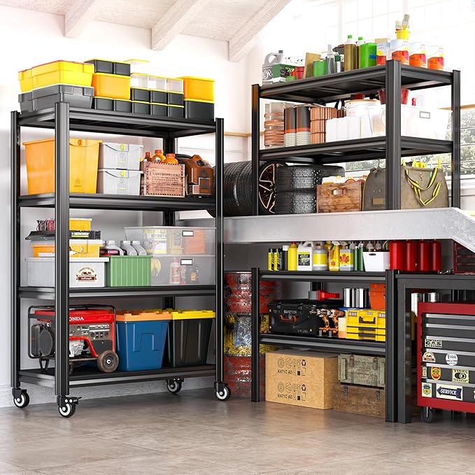REIBII 4 Tier Storage Shelves with Wheels, 530LBS Adjustable Pantry Shelves,Metal Shelving Unit for Garage, Pantry, Kitchen, Living Room, Warehouse, Basement, 59.8" H x 31.5" W x 16.5" D, Black