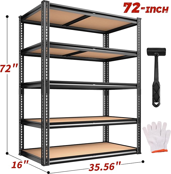 2050LBS Storage Shelves Heavy Duty 5 Tier Garage Storage Shelving, Adjustable Metal Shelving Unit Utility Rack Shelf for Warehouse, Pantry, Closet, 72" H x 35.56" W x 16" D, Black.2PCS