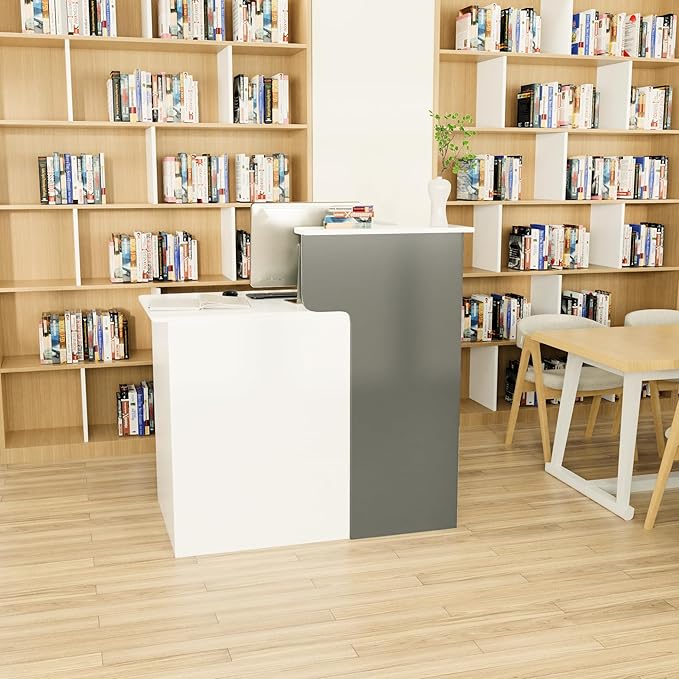 L Shaped Reception Desk with Lockable Drawer and Storage, Front Desk Reception Room Table, Checkout Retail Counter for Office Lobby Cafe Salon (White+Grey, 39.4"(L) x23.6(W) x39.4(H))