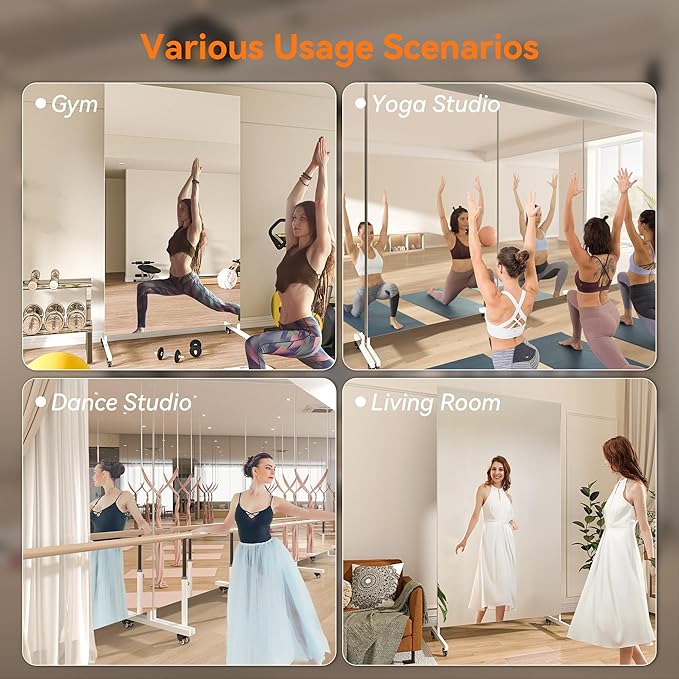 Hasipu Home Gym Mirror 360° Swivel on Wheels, 79" x 40" Extra Large Full Body Rolling and Tempered Glass Easy to Move Full Length Mirror for Yoga Studio, Bedroom, Dancing Studio, White
