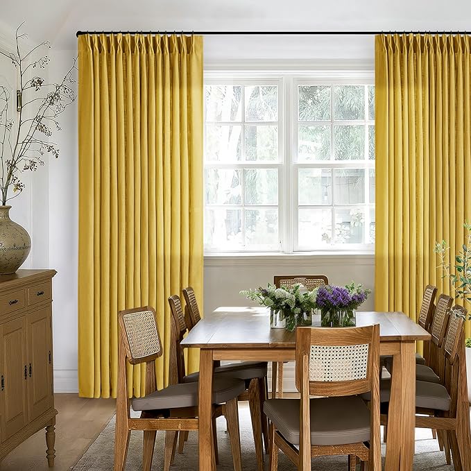 Pinch Pleated Mustard Yellow Linen Curtains 84 Inches Long 2 Panels Set for Living Room Dining Pinch Pleat Back Tab Light Filtering Farmhouse Boho Retro Window Curtain Drapes Gold Yellow Spring Decor