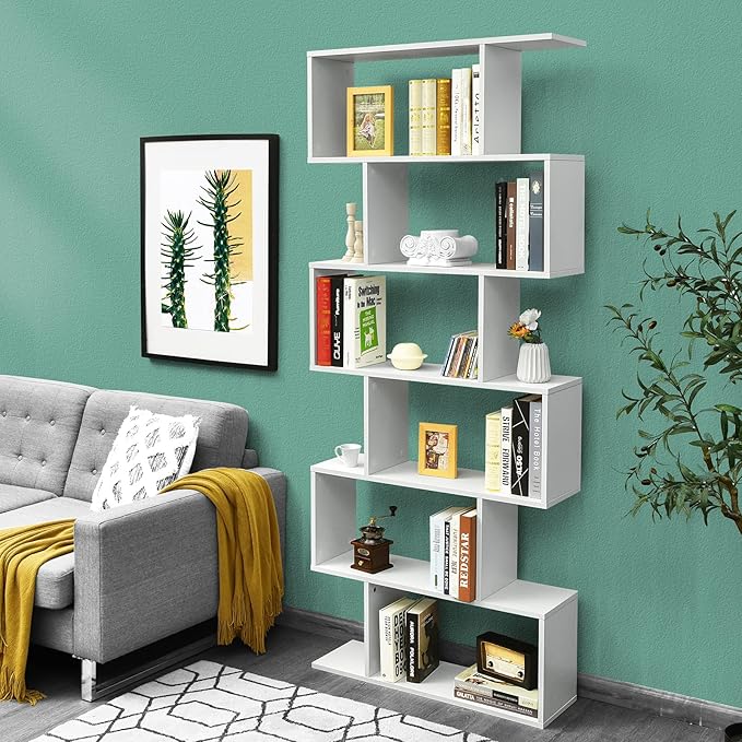 Tangkula 6 Tier S Shaped Bookshelf, 31.5''L x 9''W x 75''H, Wooden Bookcase and Bookshelves w/Anti-Toppling Device, Room Divider Display Shelves for Living Room, Home Decor, 6 Shelf Bookshelf