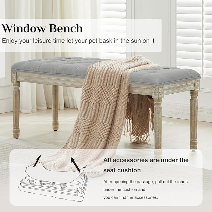 LOULENS 57.7" Linen Fabric End of Bed Bench, French Upholstered Button Tufted Bench for Bedroom End of Bed, Window Seat with Carved Wood Legs for Bedroom, Living Room, Entryway, Light Grey