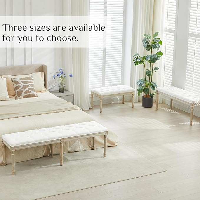 LOULENS 43.9" Linen Fabric End of Bed Bench, Vintage French Upholstered Button Tufted Entry Bench, Window Seat with Carved Wood Legs for Bedroom, Living Room, Entryway, Foyer, Hallway, White