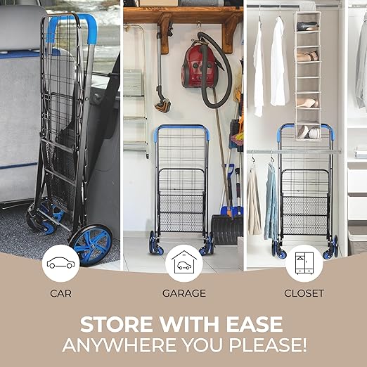 SereneLife Small Compact Folding Shopping Cart with Removable Waterproof Liner – 360° Swivel Wheels, Rust‑Proof Steel Frame, 70 lb Capacity – Portable Grocery, Laundry & Travel Cart (Blue)