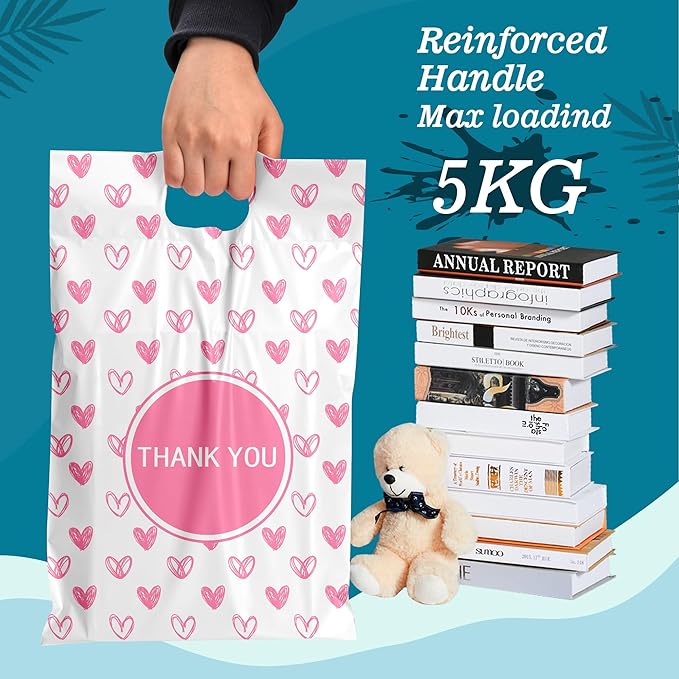 JinRuiKJ Poly Mailers with Handle 10x13 Inch 100 Pcs, Easy to Carry Packaging Bags for Small Business, Thank You Shipping Bags with Self Adhesive Strip, Tearproof and Waterproof - Pink heart