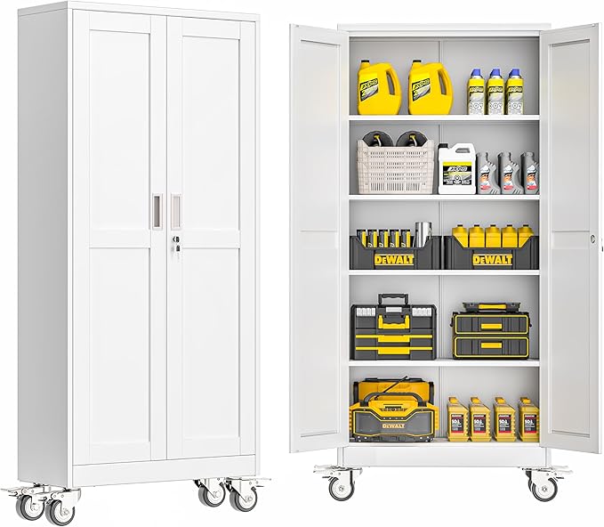 Metal Garage Storage Cabinet with Lock, Steel Tool Cabinet with 2 Door and 4 Adjustable Shelves, 71” Tall Lockable File Cabinet with Wheels, Rolling Cabinet for Home Office Garage Gym - White