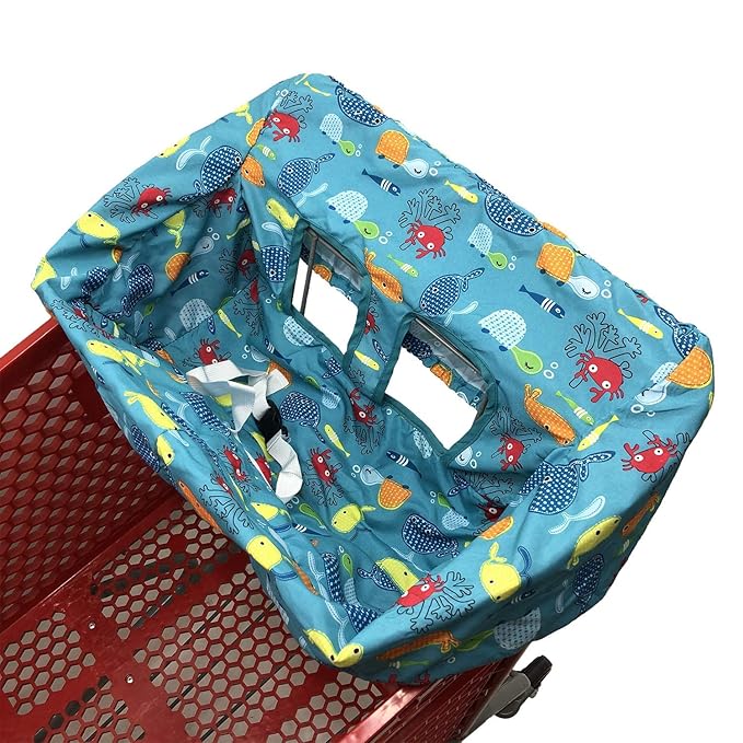 Pozico Baby Shopping Cart Cover & High Chair Cover – Machine Washable, Grocery Cart Cover with Portable Cloth Bag Included, Underwater World Blue Design