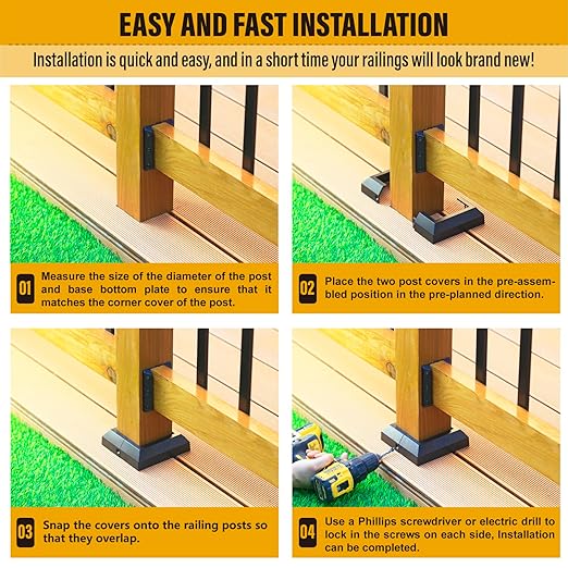 3.5"x3.5"（Actual: 3.5"x3.5"） Deck Post Base Cover Decorative Post Base Trim Skirt Black Aluminum 4Pack