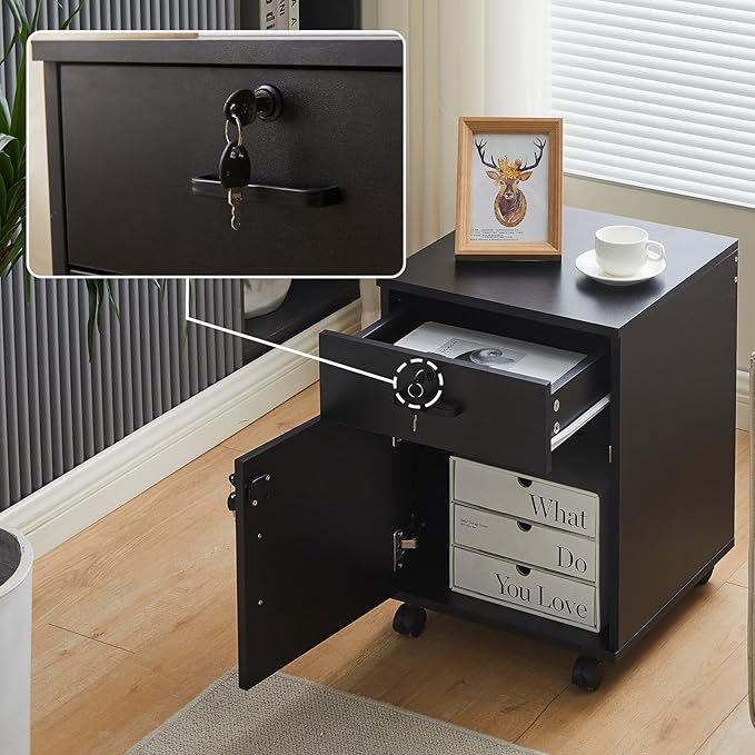 File Cabinet with Lock and Drawer, Mobile Under Desk Storage Cabinet with 360° Swivel Wheels, Wooden Filing Cabinet File Organizer for Legal/Letter/A4 Documents, Home Office Filing Cart (Black)
