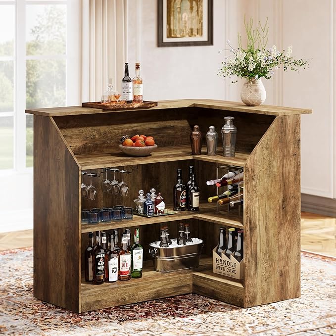 Tribesigns Bar Cabinet, L-Shaped Home Bar Table with Stemware Racks, 4-Tier Corner Bar Unit Liquor Wine Bar Table Reception Desk for Home Pub, Rustic Brown