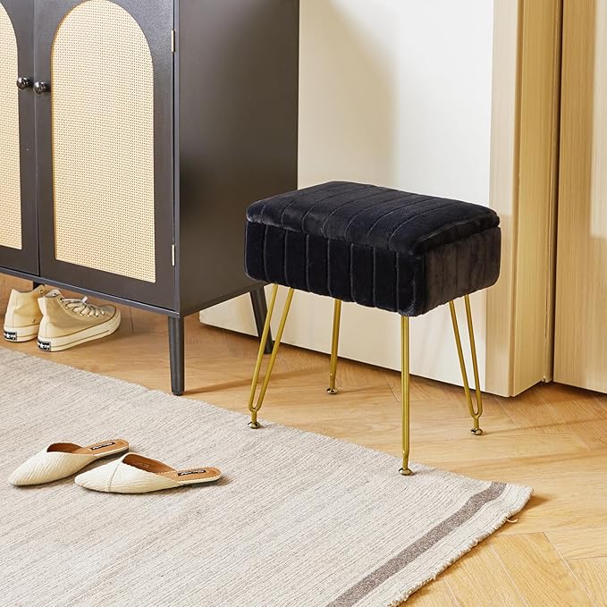 IBUYKE Stool Chair with Storage Space, Footrest Footstool Ottoman, Small Side Table, with 4 Metal Legs, with Anti-Slip Feet, for Makeup Room, Bedroom, Black, Faux Fur LG-50B