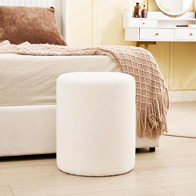 Modern Round Ottoman 2Pcs, Classic Foot Stool Ottoman, Teddy Fleece Upholstered Vanity Stool for Makeup, Bedroom, Living Room, White