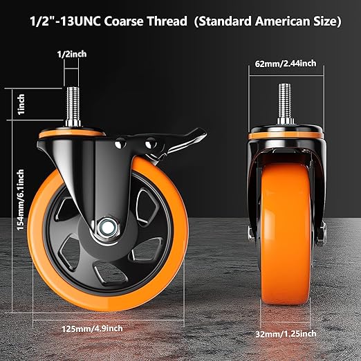 5 Inch Caster Wheels, Threaded Stem Casters Set of 4 Heavy Duty, Swivel Casters 1/2"-13 x 1 (Screw Diameter 1/2", Stem Length 1"), Safety Dual Locking Industrial Casters, Wheels for Cart, Furniture