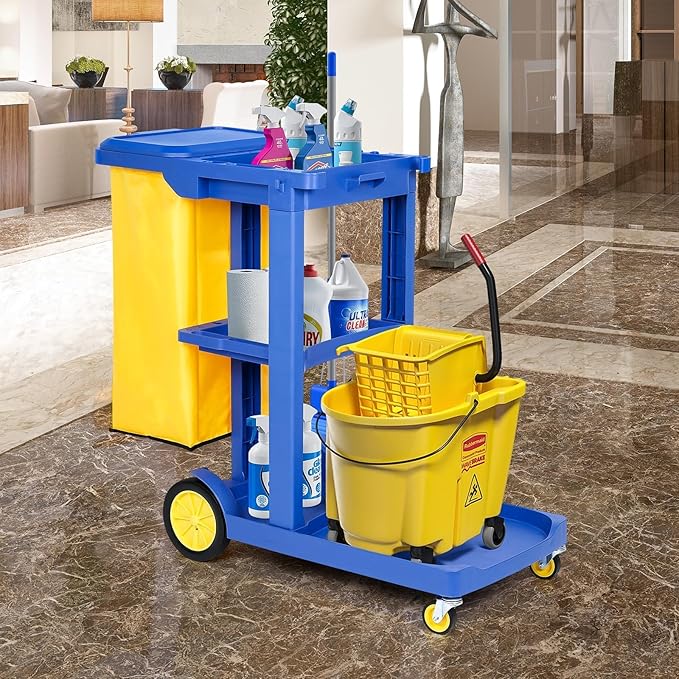 tonchean Commercial Janitorial Cart, 3-Shelf Housekeeping Cart with 22 Gallon Vinyl Bag & Cover, Large Capacity Janitorial Carts on Wheels for Hotels, Stores, Schools, Offices