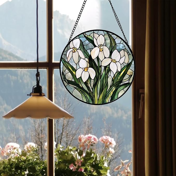 Stained Glass Window Hanging - White Green Snowdrops Flowers Suncatcher for Doors Garden Patio Sun Catchers Decor Christmas Mother's Day Birthday Gifts for Women Men Mom Nana Friend 9.8 in