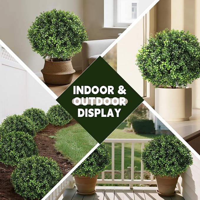 LadyRosian Artificial Cypress Topiary Tree, 25 Inch 2 Set Outdoor Faux Cypress Bush Plants,Indoor Ball Trees with Ground Spike, Fake Potted for Home Front Porch Decor Outside Garden