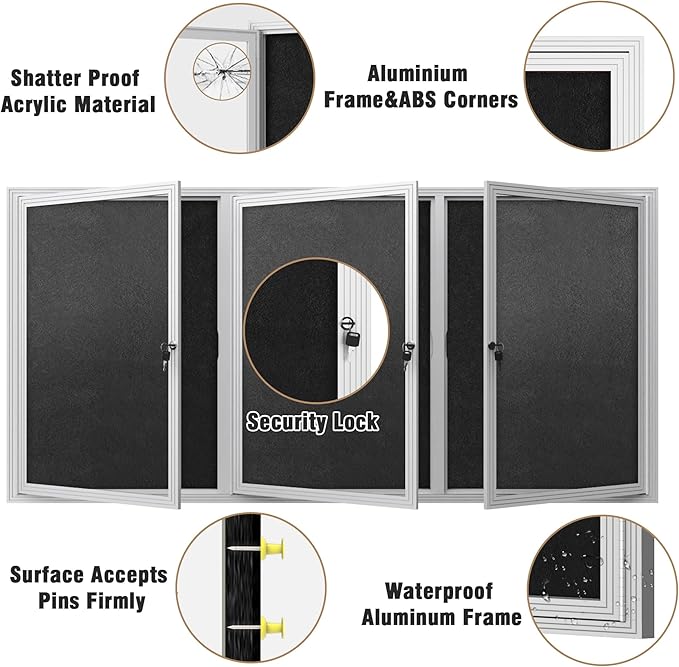 Mifuro 70"x34" Enclosed Bulletin Board, Outdoor Lockable Weather-Resistant Aluminum Cork Noticeboard for School & Office, Silver Frame w/Black Flet