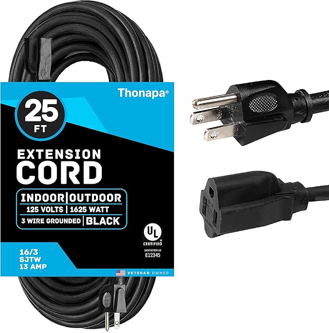 13 Amp Outdoor Extension Cord 25 ft, 16/3 SJTW 25 Foot Black Extension Cord 3 Prong, Weatherproof Exterior Power Cable for Outdside Lights & Lawn, UL Certified - US Veteran Owned