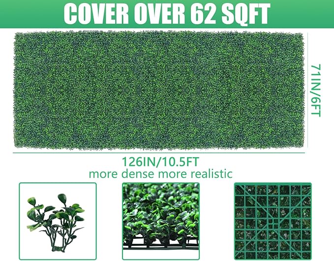 Artificial Boxwood Roll Panels,71"x 126"(62 sq.ft) UV-Anti Faux Ivy Leaves Privacy Fence Screen Grass Wall Roll Panels for Indoor Home Decor and Outdoor Garden Backyard